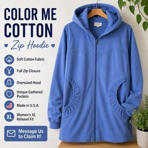Color Me Cotton CMC‎ Hoodie Blue Full Zip Gathered Pockets XL Made in USA